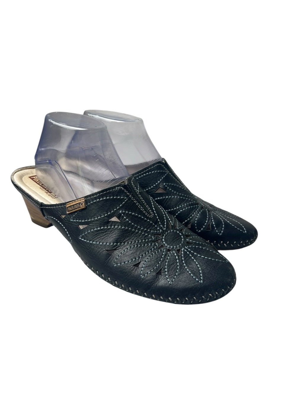 Pikolinos Size 9.5-10 (40)Wedge Heel Leather Upper Slip On Blue Mules Shoe